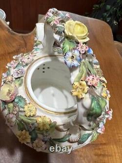 Antique Hand Painted Floral Encrusted Porcelain Tea Pot