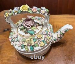 Antique Hand Painted Floral Encrusted Porcelain Tea Pot