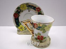 Antique Hand Painted Japanese Raised Gold Trim Porcelain Chocolate Pot Tea Set