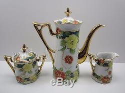 Antique Hand Painted Japanese Raised Gold Trim Porcelain Chocolate Pot Tea Set