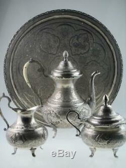 Antique Islamic Persian Solid Silver Teapot Set Circa 1920 Isfahan