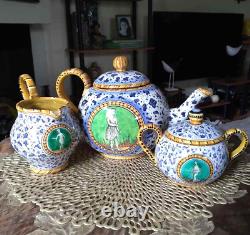 Antique Italian Faience, Hand Painted Ceramic Tea Set, M. A. P. Mengaroni, Pesaro