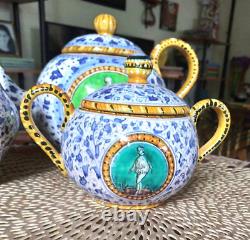 Antique Italian Faience, Hand Painted Ceramic Tea Set, M. A. P. Mengaroni, Pesaro