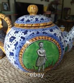 Antique Italian Faience, Hand Painted Ceramic Tea Set, M. A. P. Mengaroni, Pesaro