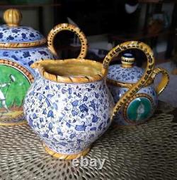 Antique Italian Faience, Hand Painted Ceramic Tea Set, M. A. P. Mengaroni, Pesaro