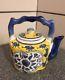 Antique Japanese Blue And Yellow Floral Ceramic Teapot 4 1/2 Tall Marked