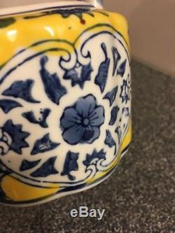 Antique Japanese Blue and Yellow Floral Ceramic Teapot 4 1/2 Tall Marked