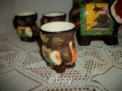 Antique Japanese Elephant Satsuma Tea Set HP Moriage Porcelain Teapot 6 Cups