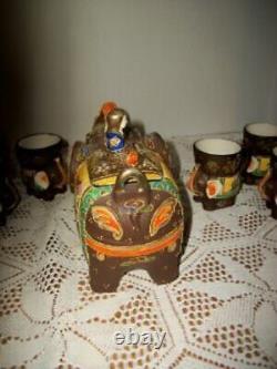 Antique Japanese Elephant Satsuma Tea Set HP Moriage Porcelain Teapot 6 Cups