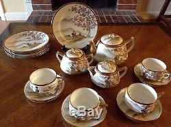 Antique Japanese Kutani Tea Set Teapot Creamer Covered Sugar Cups Saucers Plates