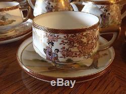 Antique Japanese Kutani Tea Set Teapot Creamer Covered Sugar Cups Saucers Plates