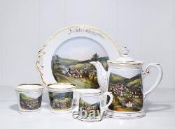 Antique KPM Germany Hand Painted Scenic Porcelain Tray/Cups/Creamer/Tea Pot Set