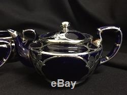Antique Lenox Cobalt Blue Sterling Overlay Teapot, Creamer, and Sugar Bowl Set