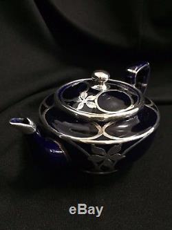Antique Lenox Cobalt Blue Sterling Overlay Teapot, Creamer, and Sugar Bowl Set