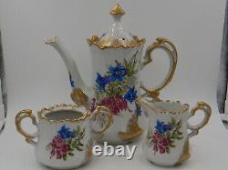 Antique Limoges Ornate Tea Set Floral Teapot Creamer & Sugar Bowl