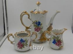 Antique Limoges Ornate Tea Set Floral Teapot Creamer & Sugar Bowl