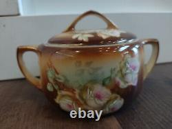 Antique MZ Austria Teapot Creamer Sugar Bowl Set Painted Cabbage Rose 1884 1909