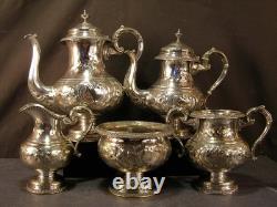Antique Manhattan Floral Repousse Silver Coffee Tea Pot Set Service Engraved 5Pc