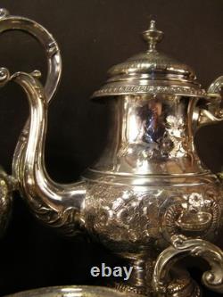 Antique Manhattan Floral Repousse Silver Coffee Tea Pot Set Service Engraved 5Pc