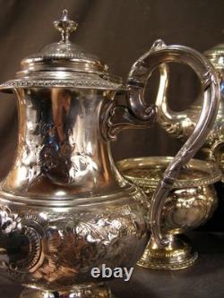 Antique Manhattan Floral Repousse Silver Coffee Tea Pot Set Service Engraved 5Pc