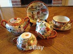 Antique Meiji Japanese Kutani Tea Set Cups Saucers Sugar Bowl Creamer Porcelain