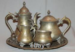 Antique Metal Set 2 Teapots, Creamer, Sugar Bowl And Tray