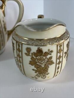 Antique Morimura Nippon Gold Moriage Rose Floral Tea Pot Set Sugar Bowl Creamer