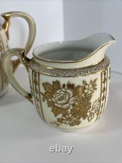 Antique Morimura Nippon Gold Moriage Rose Floral Tea Pot Set Sugar Bowl Creamer