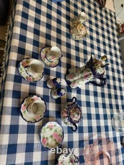 Antique Nippon Chocolate Pot Set 3cups & Saucers Hand Painted Pink Roses Gold
