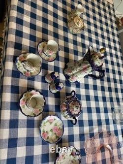 Antique Nippon Chocolate Pot Set 3cups & Saucers Hand Painted Pink Roses Gold