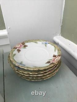 Antique Nippon Chocolate Tea Pot Set Pink Floral Gold With 6 Cups/Saucers