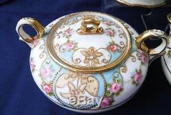 Antique Noritake Powder Blue Tea set with Pink Roses, inc Teapot