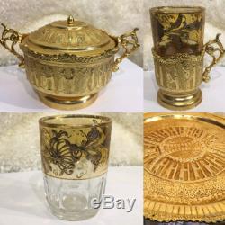 Antique Original Persian Hand Made Carving Gold Plated Tea Set 14 Pieces &glass