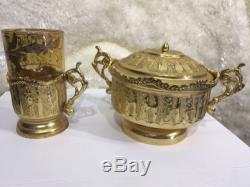 Antique Original Persian Hand Made Carving Gold Plated Tea Set 14 Pieces &glass