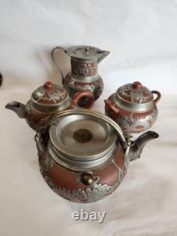 Antique Pewter Clad Yixing 4 Pc. Tea Set, YEE DZU Mark, Circa 1900