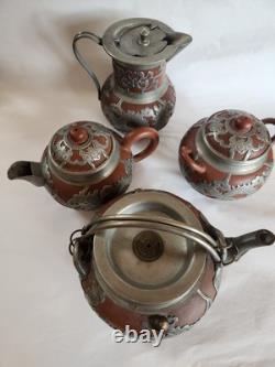 Antique Pewter Clad Yixing 4 Pc. Tea Set, YEE DZU Mark, Circa 1900