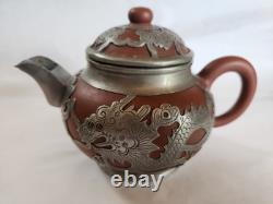 Antique Pewter Clad Yixing 4 Pc. Tea Set, YEE DZU Mark, Circa 1900