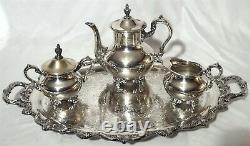 Antique Poole Silver Plate Old English Tea Pot Tray 5pc Art Nouveau Serving Set