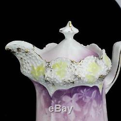 Antique Porcelain Chocolate pot, 6 cups, 5 saucers, Pink, Florals, Gold Trim