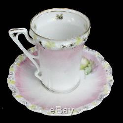 Antique Porcelain Chocolate pot, 6 cups, 5 saucers, Pink, Florals, Gold Trim