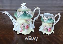Antique Porcelain RS Prussia Beautiful 7 Piece Set, 7 Tea Pot Roses, Red Mark