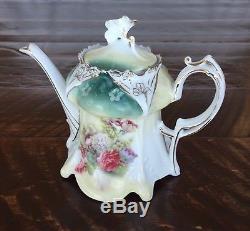 Antique Porcelain RS Prussia Beautiful 7 Piece Set, 7 Tea Pot Roses, Red Mark