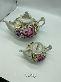 Antique Porcelain Teapot Set, Large And Small With Pink Floral Design