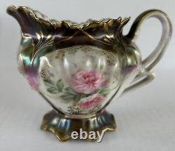 Antique Prussian Teapot Tea Set Sugar Creamer Metallic Luster Gold Hand Painted