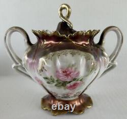 Antique Prussian Teapot Tea Set Sugar Creamer Metallic Luster Gold Hand Painted