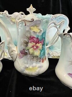Antique RS Prussia Tea Set Pansies Teapot Sugar Bowl Creamer Tray Folded Poppy