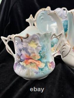 Antique RS Prussia Tea Set Pansies Teapot Sugar Bowl Creamer Tray Folded Poppy