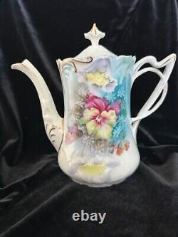 Antique RS Prussia Tea Set Pansies Teapot Sugar Bowl Creamer Tray Folded Poppy