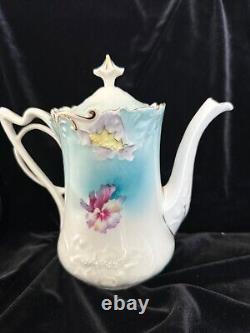 Antique RS Prussia Tea Set Pansies Teapot Sugar Bowl Creamer Tray Folded Poppy