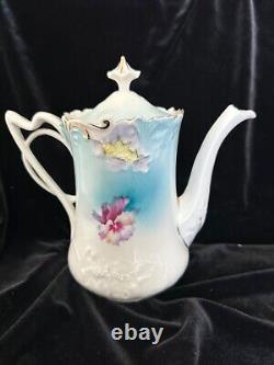 Antique RS Prussia Tea Set Pansies Teapot Sugar Bowl Creamer Tray Folded Poppy
